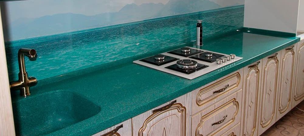 На фото - разнообразие фактур и расцветок кухонных столешниц из искусственного камня столешница из искусственного камня