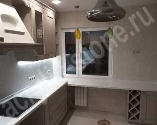 Фото Двух-уровневая столешница  из искусственного камня GRANDEX  керамической мойкой (подклейка) 
