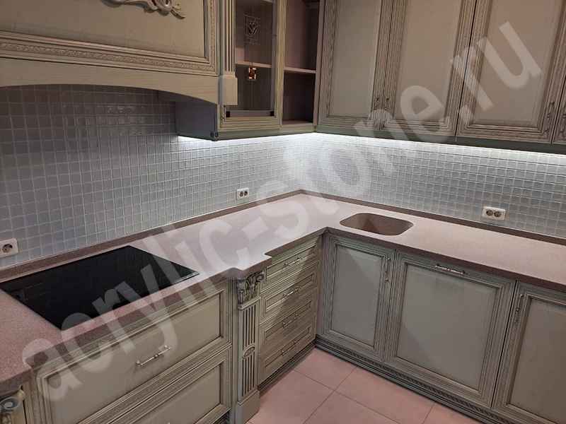 Угловая кухонная столешница  из искусственного камня с интегрированной мойкой Grandex: фото